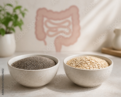 Ceramic bowls with chia and oats, digestive health and nutrition concept