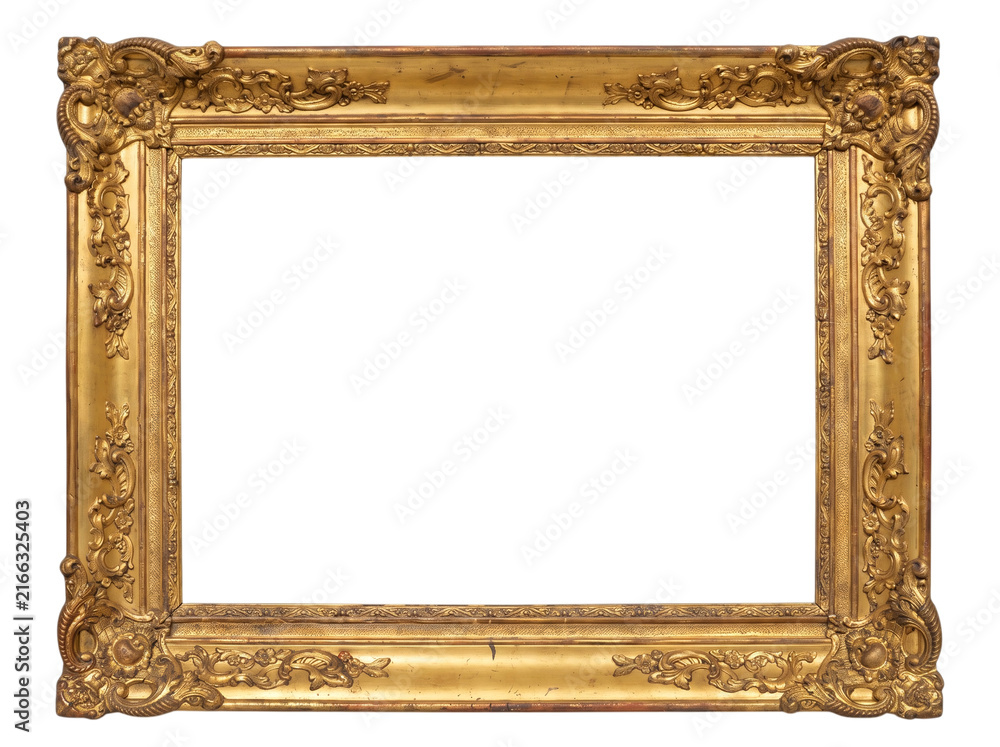 Naklejka premium Rectangular heavy baroque gold picture frame on a transparent background