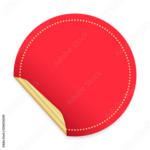 Red round sticker with gold dotted line and curled corner