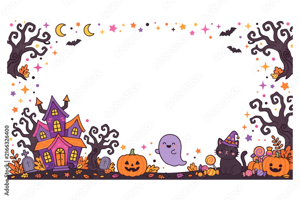 Fototapeta premium Cute Halloween Frame with Haunted House Ghost Pumpkin and Black Cat