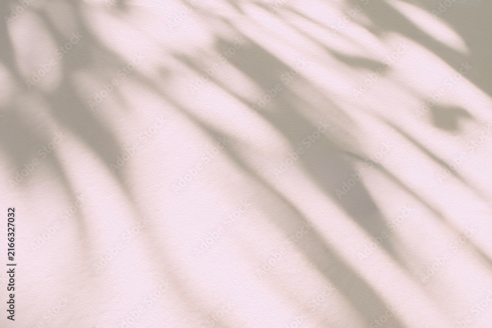 Obraz premium Abstract light shadow of leaf beige, pink blurred background. Natural diagonal leaves tree branch shadows and sunlight on white wall. Shadow overlay effect foliage mockup