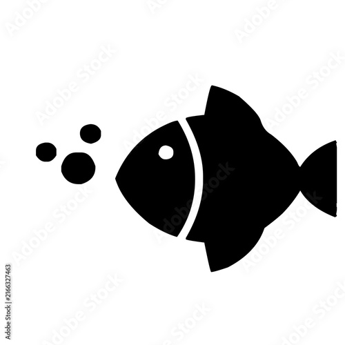 Black fish icon with bubbles, simple aquatic animal silhouette for marine design.