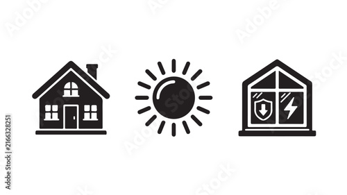 Energy efficient window icons set double glazing insulation thermal protection symbols vector illustration