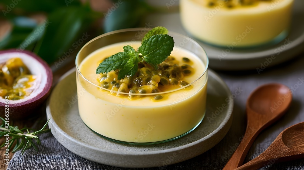 Naklejka premium A creamy yellow mousse topped with passion fruit seeds and fresh mint leaves served in a clear glass cup on a ceramic plate