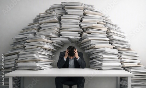 Businessman overwhelmed by excessive paperwork at office