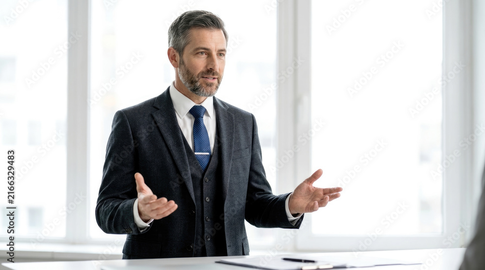 Fototapeta premium Lawyer in formal suit gesturing with hands while explaining at office desk