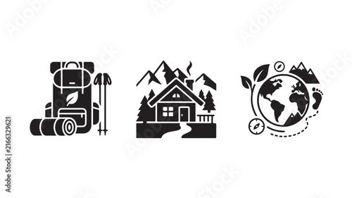 Hiking backpack in front of a mountain cabin scenic outdoor adventure vector illustration