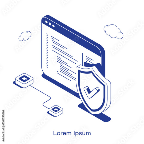 Isometric cybersecurity vector illustration. A large software code editor window protected by a checkmark shield connected to a network. Clean IT secure programming and safe development layout.