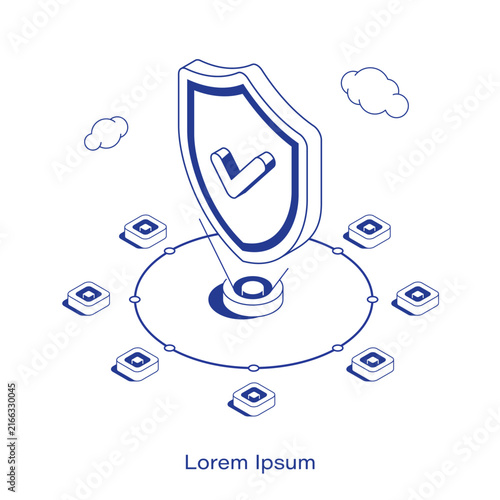 Isometric IT security illustration. Holographic shield with a checkmark projected from a hub, surrounded by connected network nodes. Clean decentralized data protection layout