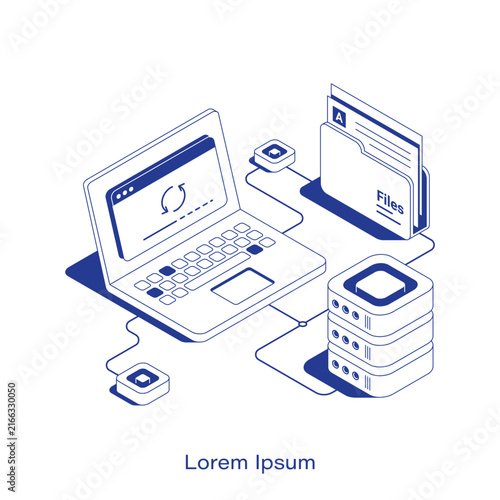 Isometric data backup vector illustration. Laptop syncing files with a server stack and document folder over a digital network. Clean IT technology layout