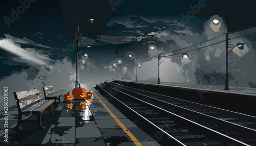 Deserted Train Platform at Night, Glowing Pumpkins and Railway Tracks, Spooky Halloween Illustration