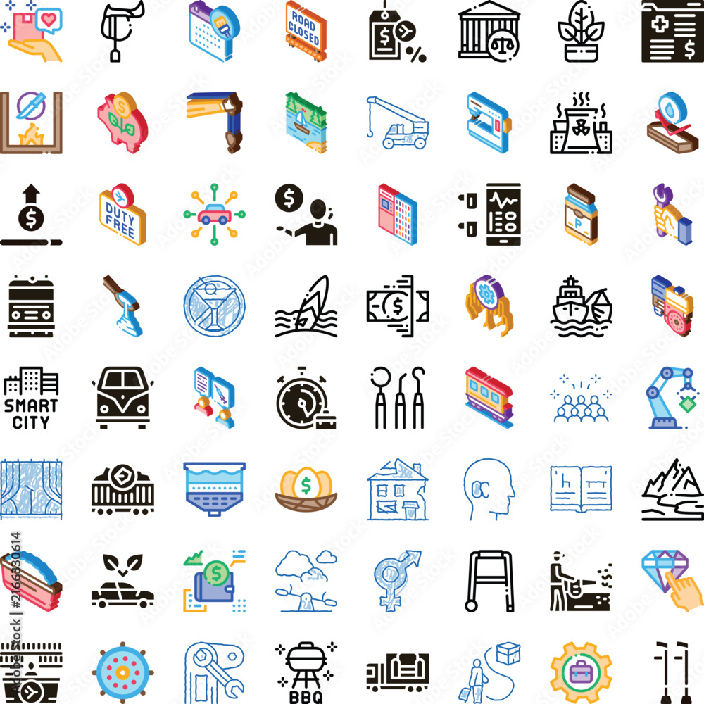 Fototapeta premium Collection of conceptual isometric and line style icons representing diverse themes from business and industry to health technology entertainment and daily lifestyle