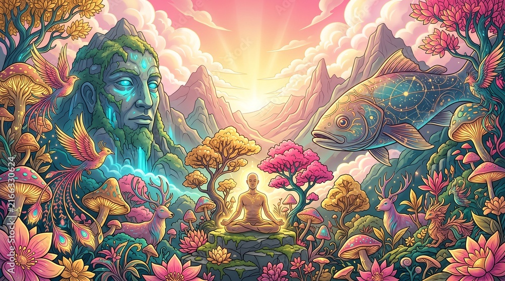 Fototapeta premium Surreal psychedelic digital illustration with central figure and mythological motifs