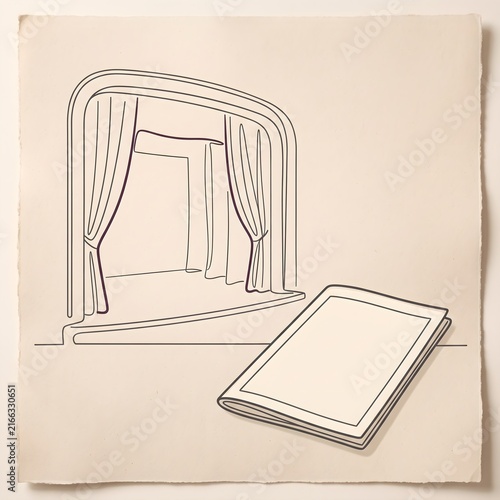 Minimalist theater stage sketch, line art performance scene, vintage paper art