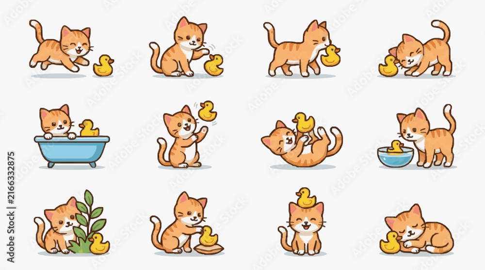 Obraz premium Corporate Collection of Whimsical Orange and White Kittens Playing with Yellow Ducklings in Various Adorable Scenarios