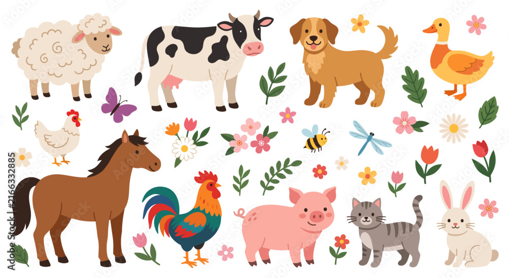 Fototapeta premium Domestic farm animal collection with cow horse pig sheep chicken rooster duck dog cat and rabbit