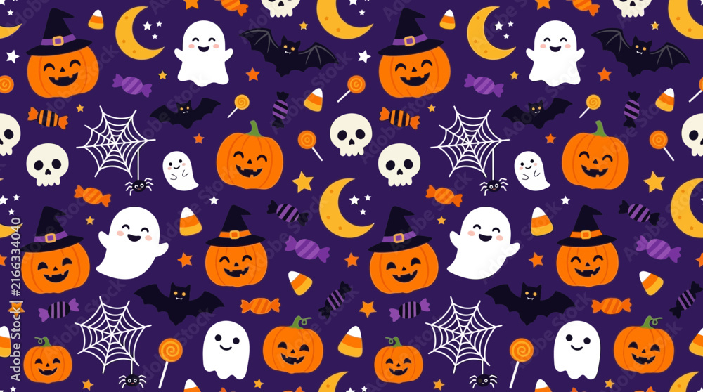 Obraz premium Seamless Halloween Vector Pattern with Pumpkins, Bats, Ghosts, Skulls, Spider Webs, Candy, Crescent Moons and Stars