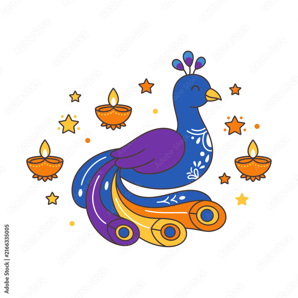 Obraz premium Vector illustration of peacock surrounded by diwali diyas, Isolated on white
