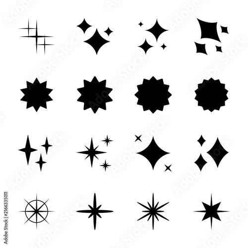 Black sparkle and scalloped sunburst icon set on white background