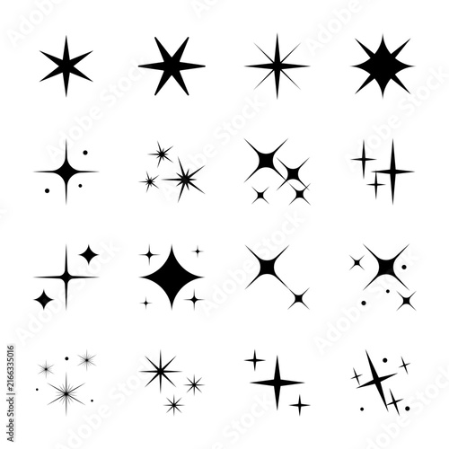 Black star sparkle icon set with cluster accents on white background