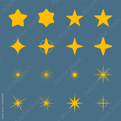 Yellow star and sparkle icon set on blue background