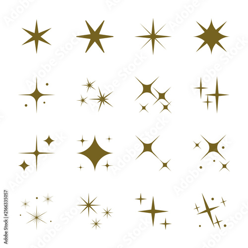 Gold star sparkle icon set with cluster accents on white background