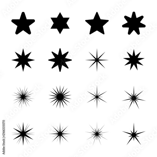 Black star and sunburst icon set on white background