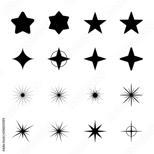 Black star and sparkle icon set on white background