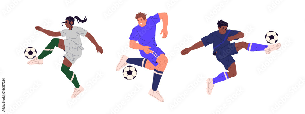 Fototapeta premium Soccer player playing football, reaching ball in air. Vector isolated set of man and woman in team. People wearing uniform, professional athletes in motion, jumping and running, exercising on field