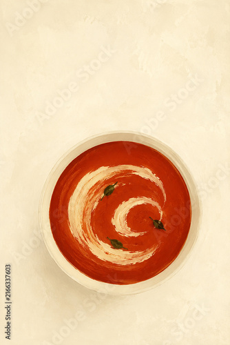 Tomato Soup with Cream Swirl and Basil, Minimal Gouache Food Illustration