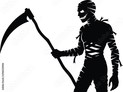 Photography Black silhouette of a scary mummy holding a sharp scythe isolated on a white bac