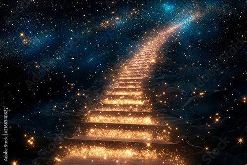 Bright cascade of shooting stars creates a glowing staircase in the cosmos