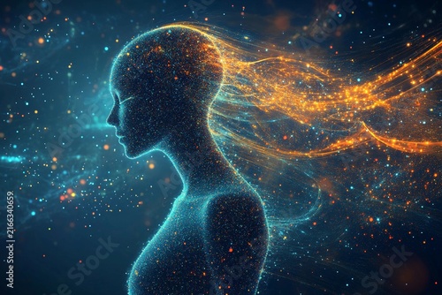 Swirling data forms a human silhouette in a cosmic scene
