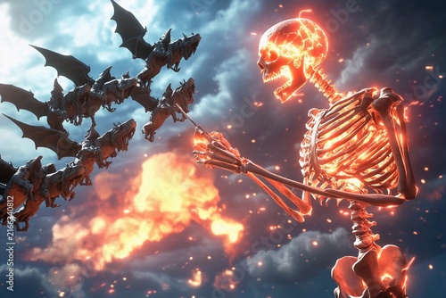 Glowing fractured skeleton interacts with gargoyles under a stormy sky
