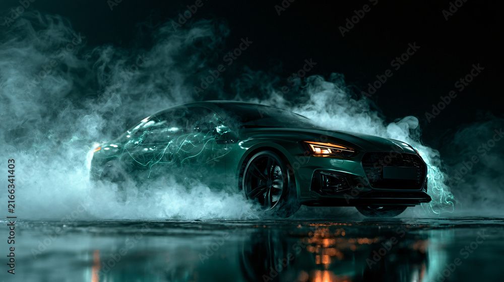 Obraz premium Cinematic shot of a powerful modern luxury vehicle emerging from thick teal mist on a reflecting wet surface