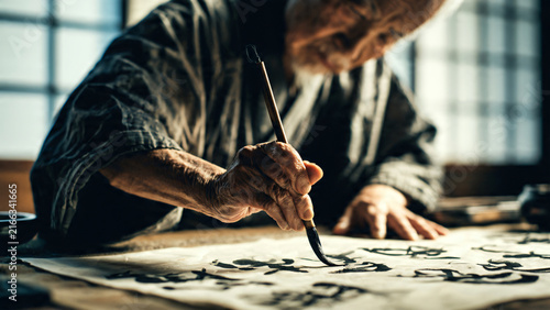 ElderlyPersonEngagingInTraditionalCalligraphyWriting.