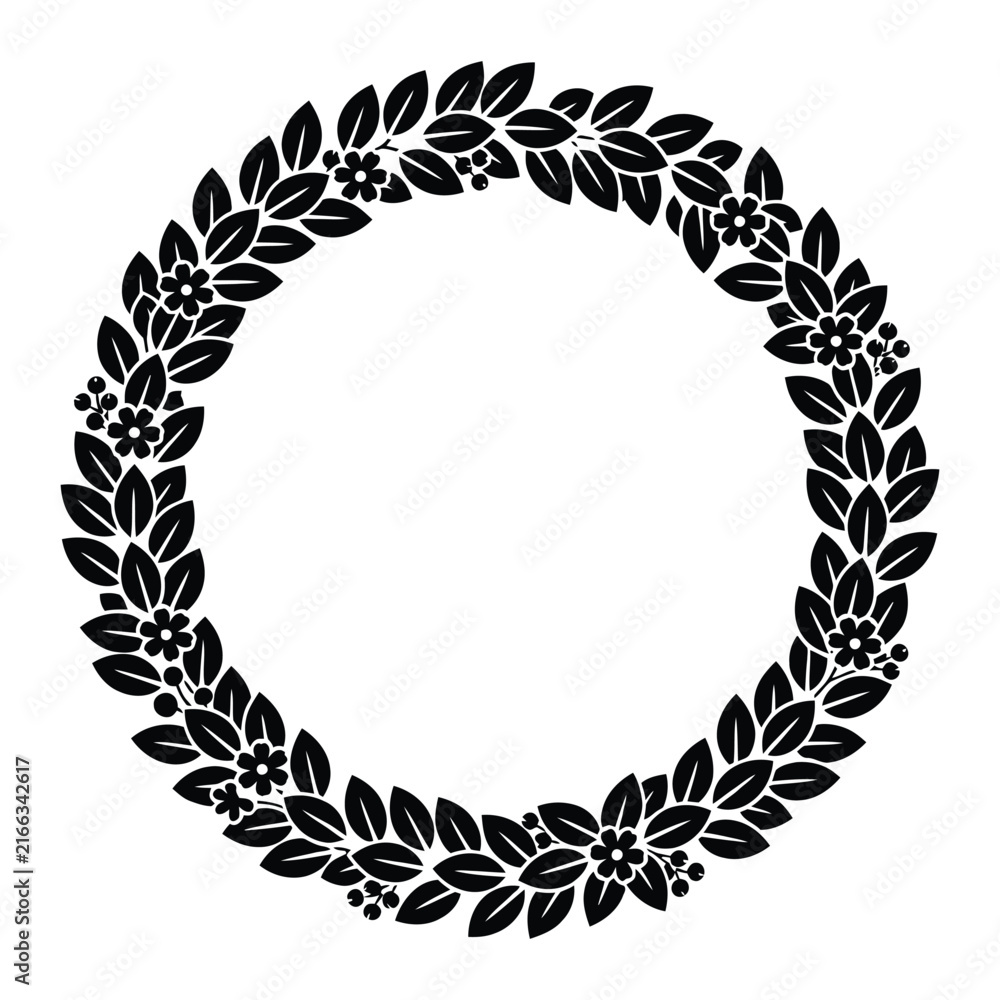 Obraz premium Floral wreath composed of leaves and blossoms presents a black silhouette