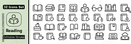 32 Reading Vector Outline Icons Set – Books, Literature, Library, Education, Knowledge and Reading Activity Line Symbols Collection
