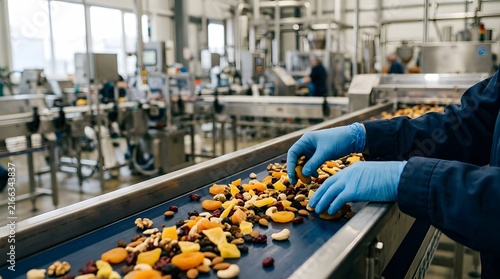 Worker inspecting dried fruit mix on a conveyor belt in a food processing factory