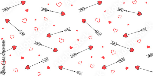 Cute black arrows with a heart‑shaped tip on a white background with small red hearts. Valentine's day and wedding endless texture with love theme. Vector seamless pattern for surface texture or print