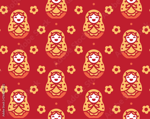Bild auf Leinwand Flat vector background with traditional Russian matryoshka dolls and decorative flowers