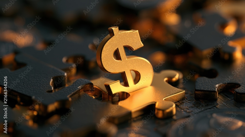 Obraz premium Golden dollar symbol rising from black scattered puzzle piece surface with soft focus background representing financial success and economic growth concept