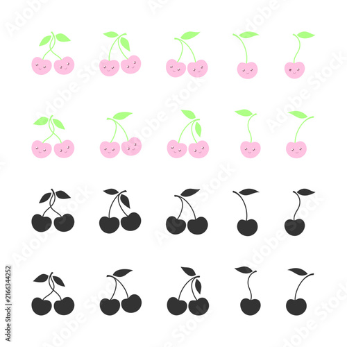Pink cherries with leaves and cute faces and black silhouettes of cherries, isolated on a white background. Collection of kawaii berries. Vector set for sticker, greeting card, packaging, label, print