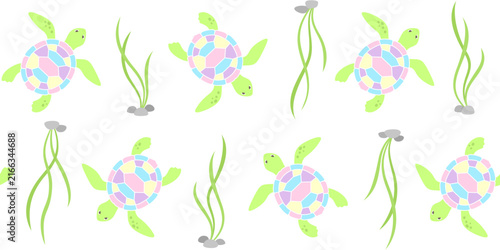 Cute turtles with colorful shells among the algae on a white background. Kids endless texture with a marine animal and a sea plant. Vector seamless pattern for wrapping paper, surface texture or print