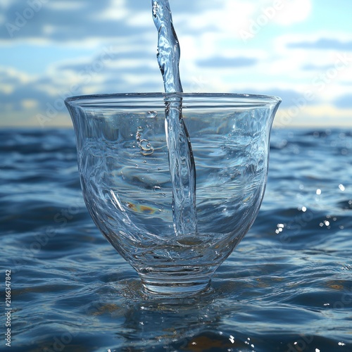 Sunlight dances on the sea as water fills a clear glass cup creating a moment of peace
