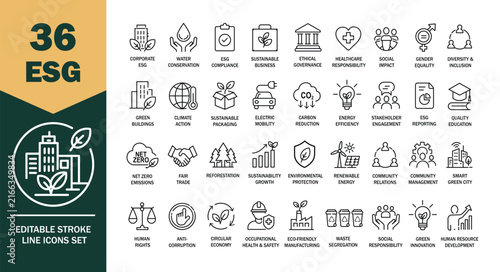 36 ESG line icons set with building plant water globe and gears for business sustainability