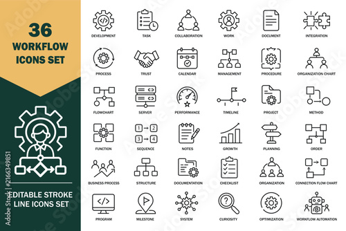 Business process workflow icons set with management and planning symbols on white background