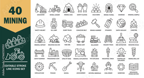 Mining industry editable line icons for digital and print applications