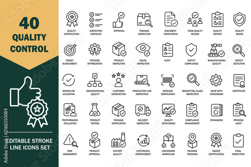 Quality control icons set with approval and achievement in clean vector style