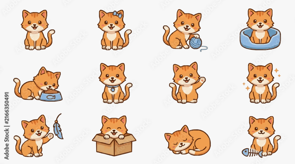 Fototapeta premium Elegant Cartoon Orange and White Kitten Series Showcasing Playful and Relaxing Scenes with Accessories